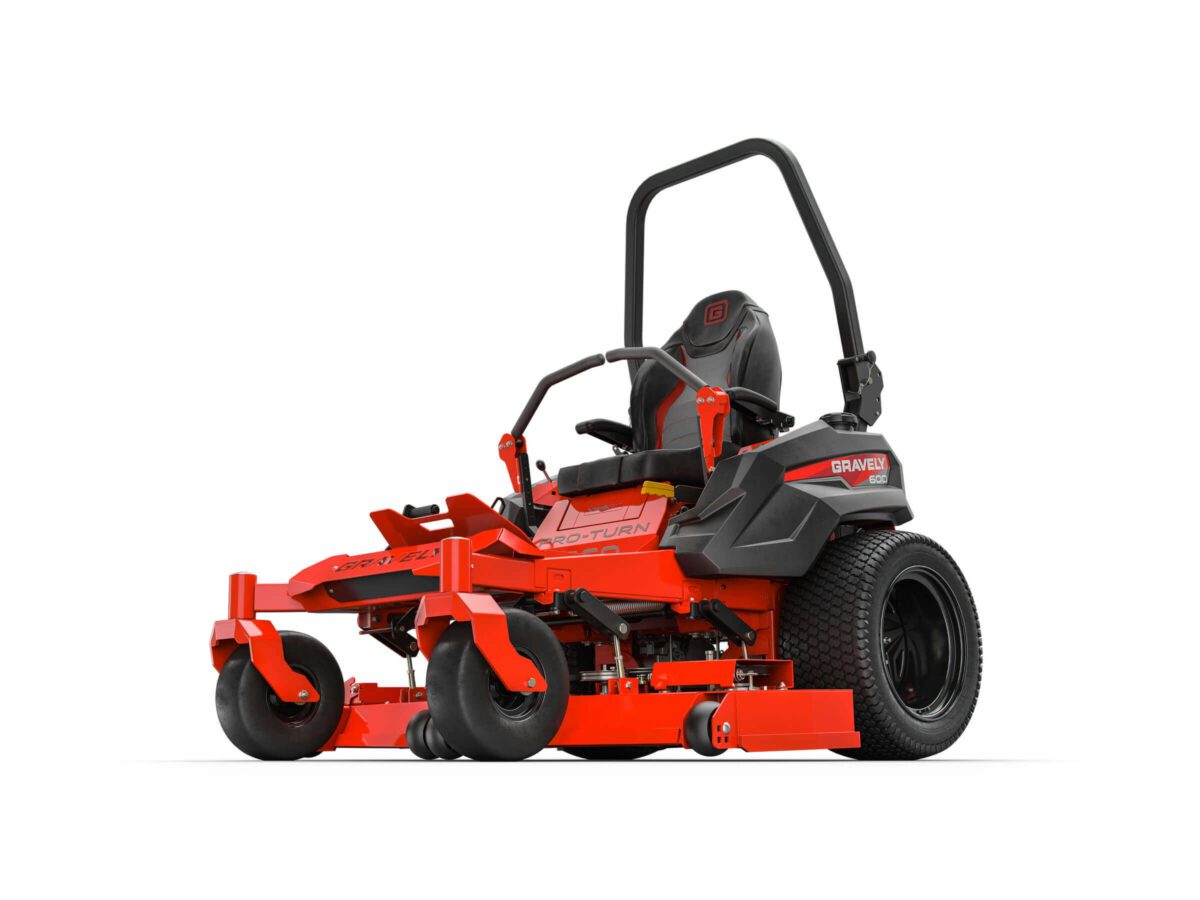 A red riding lawn mower with a high back seat, roll bar, and two large front and rear wheels.