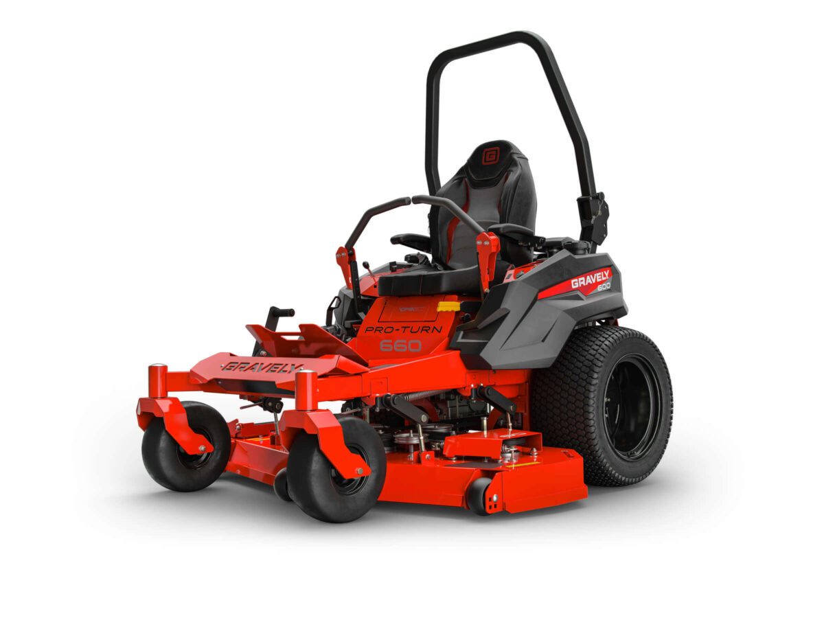Red and black riding lawn mower with visible controls, large rear wheels, and front caster wheels.
