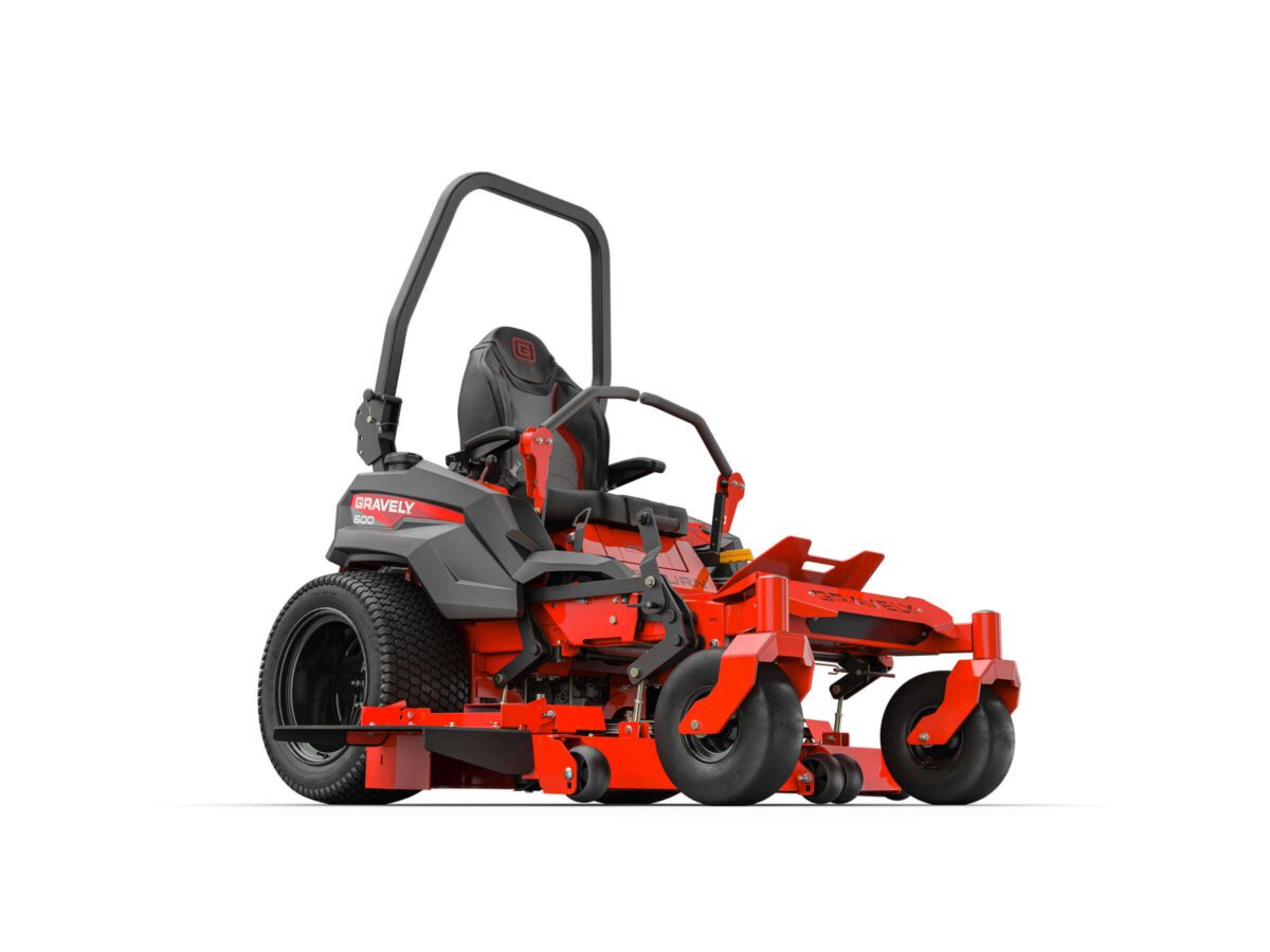 A red and black zero-turn lawn mower with a seat, steering levers, and large rear wheels, designed for efficient grass cutting.