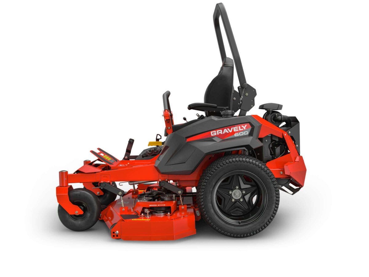 A red Gravely lawn mower with a black seat and steering handles, featuring a zero-turn radius design and large rear wheels.