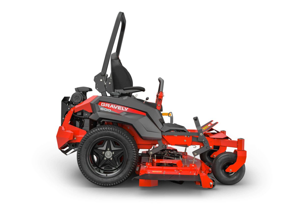 A red and black Gravely zero-turn lawn mower with a high-back seat, shown on a white background.