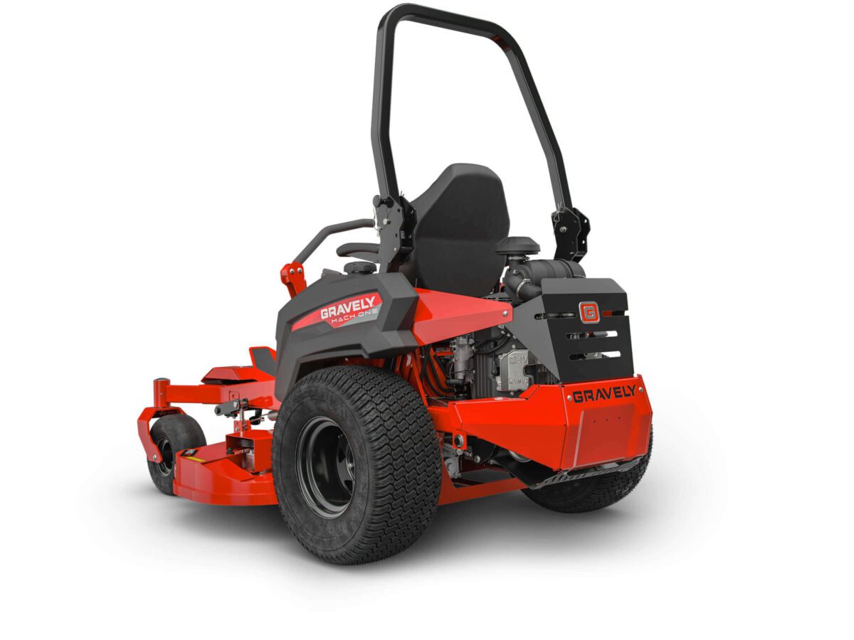 A red and black zero-turn lawn mower with a high-back seat and roll bar, featuring wide rear tires and a visible engine, viewed from a three-quarter rear angle.