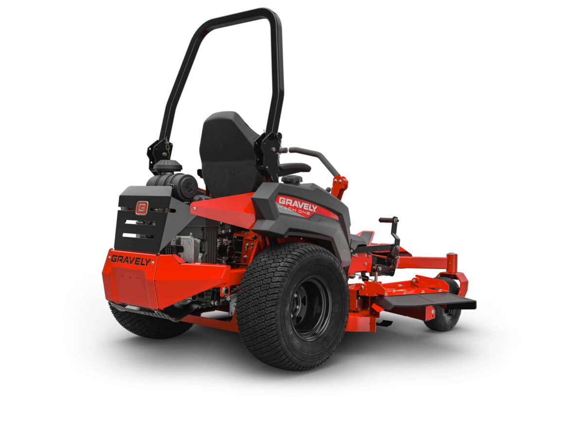A red Gravely zero-turn lawn mower with a high-back seat and roll bar, viewed from the rear angle, showcasing its two large back wheels and wide cutting deck on the side.