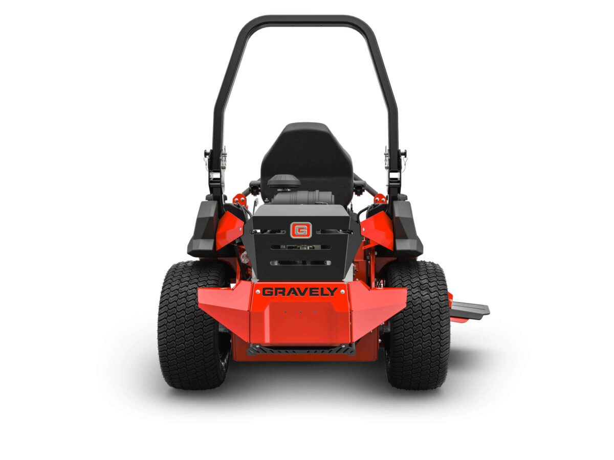 Rear view of an orange Gravely riding lawn mower with large rear wheels, a black seat, and roll-over protection bars.