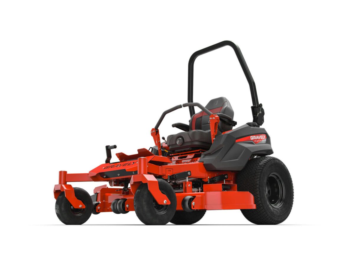 Red and black zero-turn lawn mower with protective roll bar, large wheels, and ergonomic seat on a white background.
