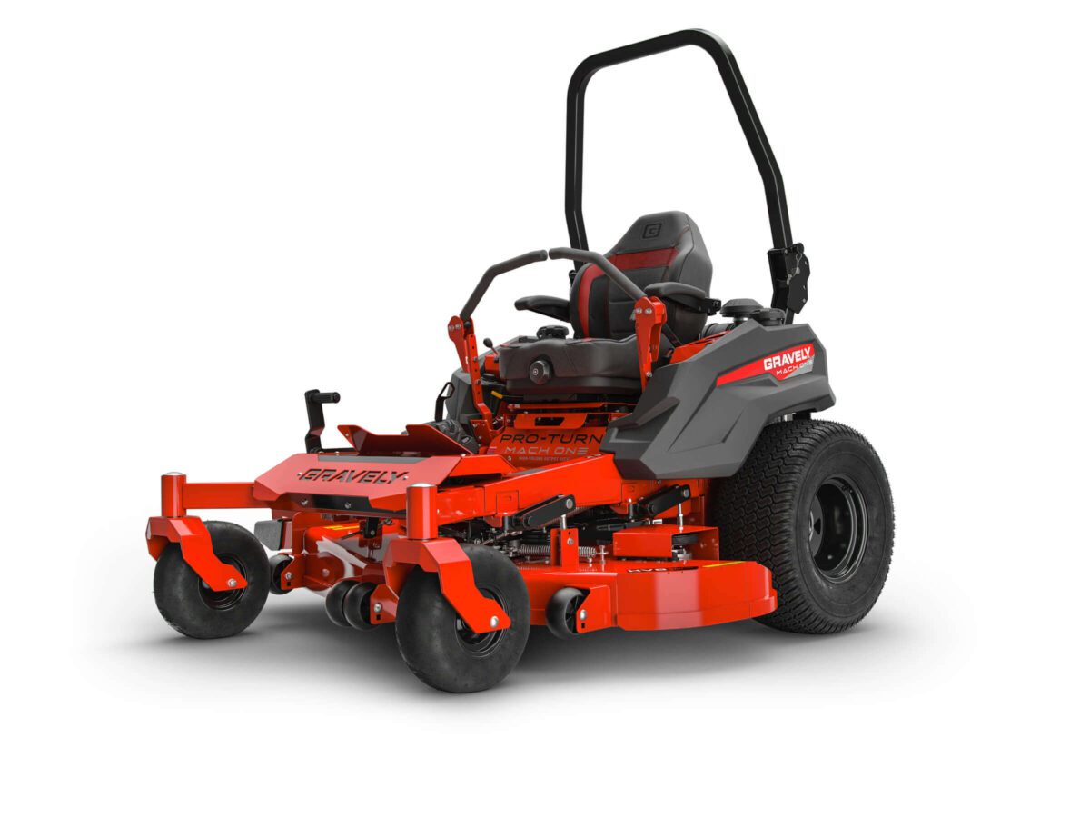 Red and black zero-turn lawn mower with large rear wheels, smaller front wheels, and a protective roll bar.