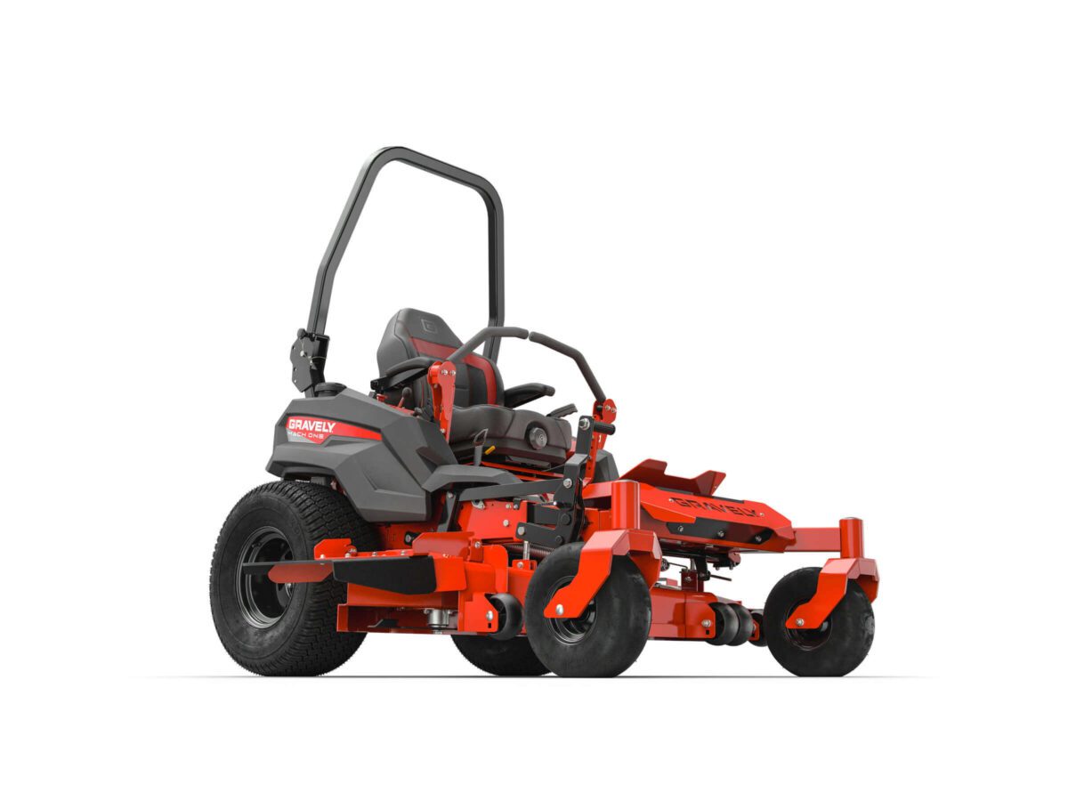 A red zero-turn lawn mower with a black seat and roll-over protection system, featuring large rear and smaller front wheels.