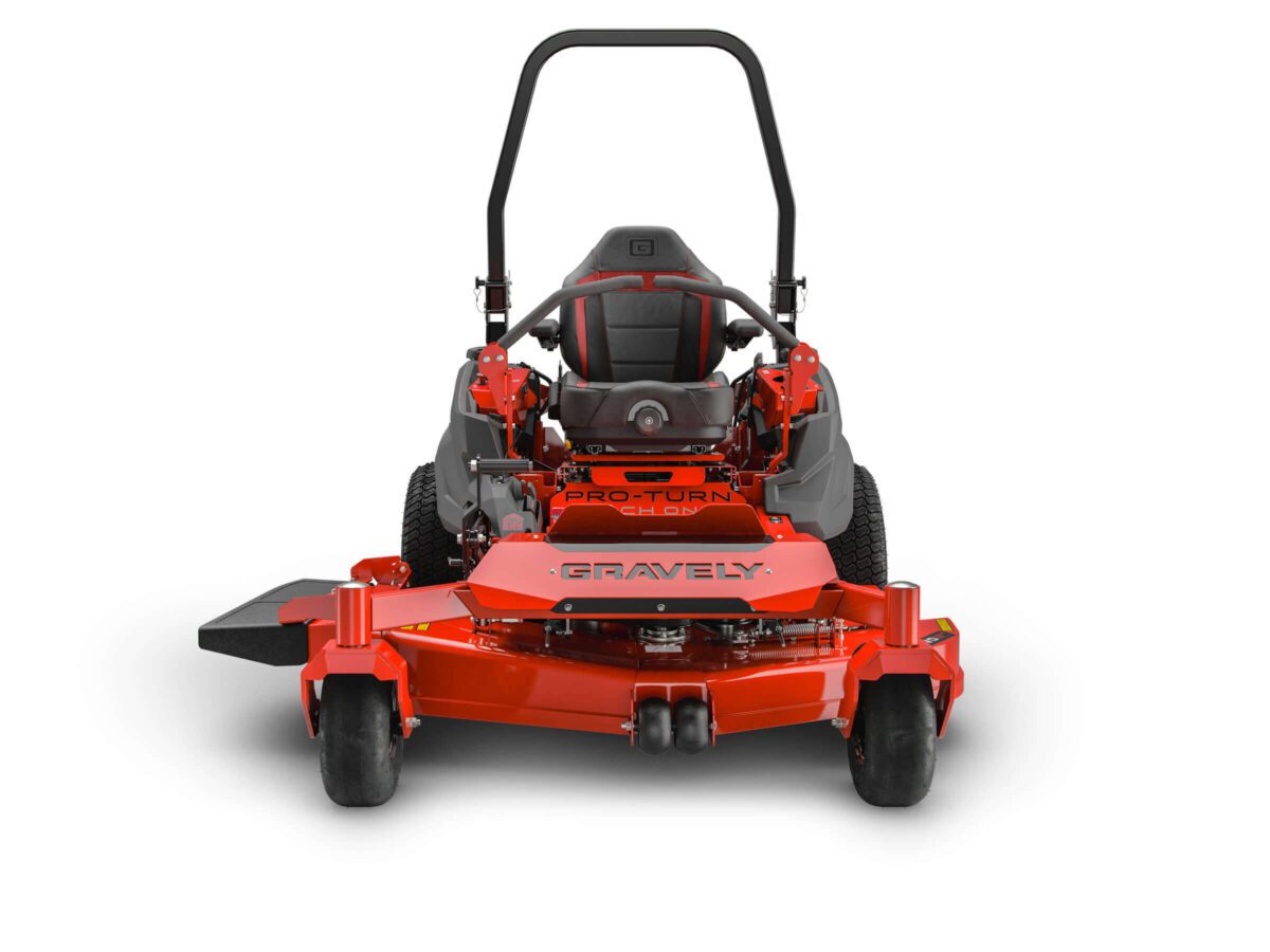 Red Gravely Pro-Turn 600 zero-turn lawn mower, front view, featuring black seat and steering lever, with a cutting deck and sturdy wheels.
