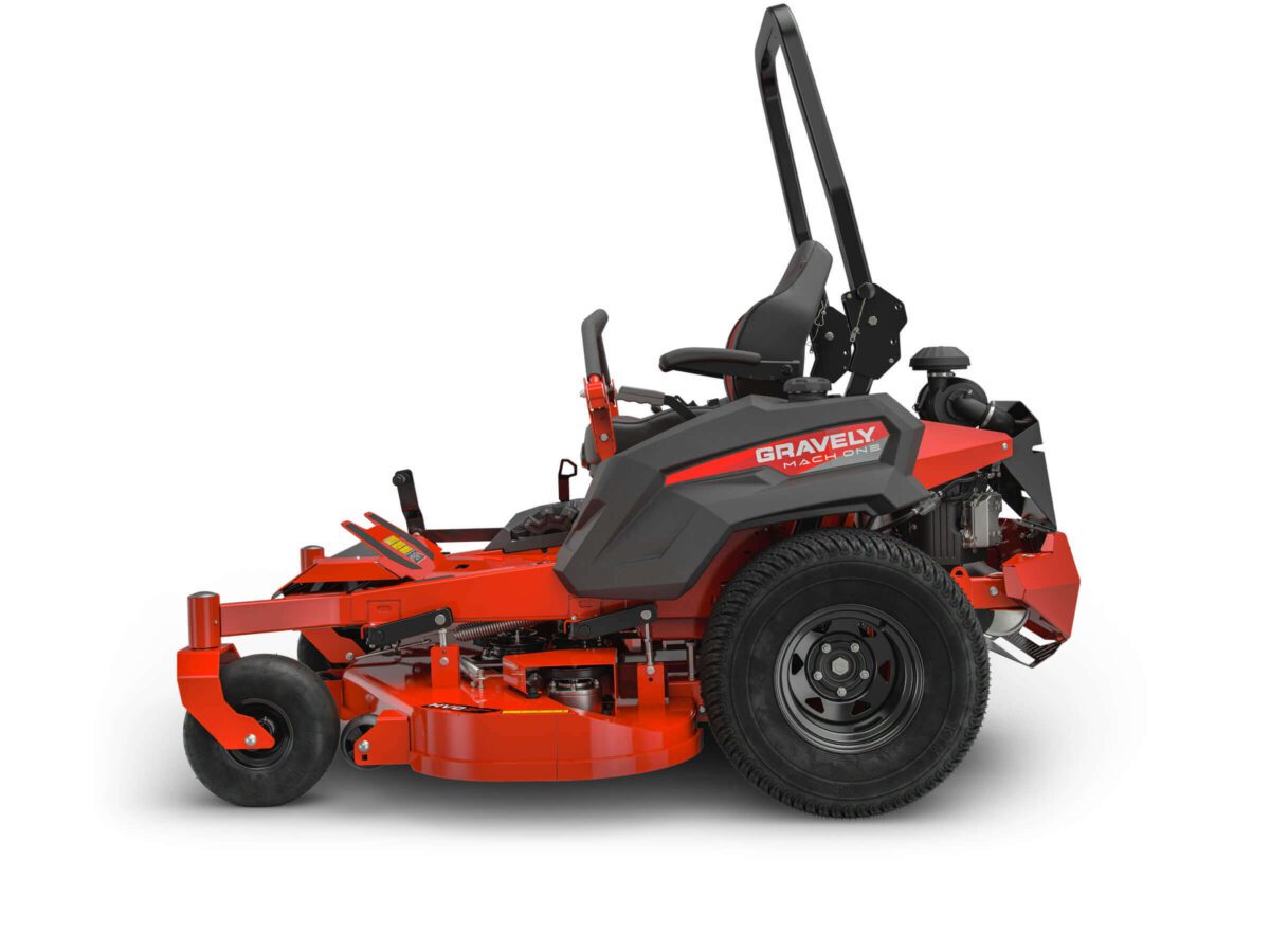 A red and black zero-turn lawn mower with a high-backed seat, four wheels, and a roll-over protection system.