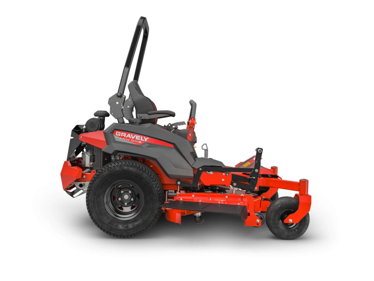 Red and black Gravely zero-turn lawn mower with visible seat, steering levers, and large tires, shown in a side view against a white background.