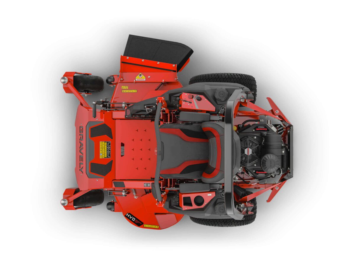 Top view of a red Gravely zero-turn lawnmower, featuring a detailed engine, seat, and control panel.