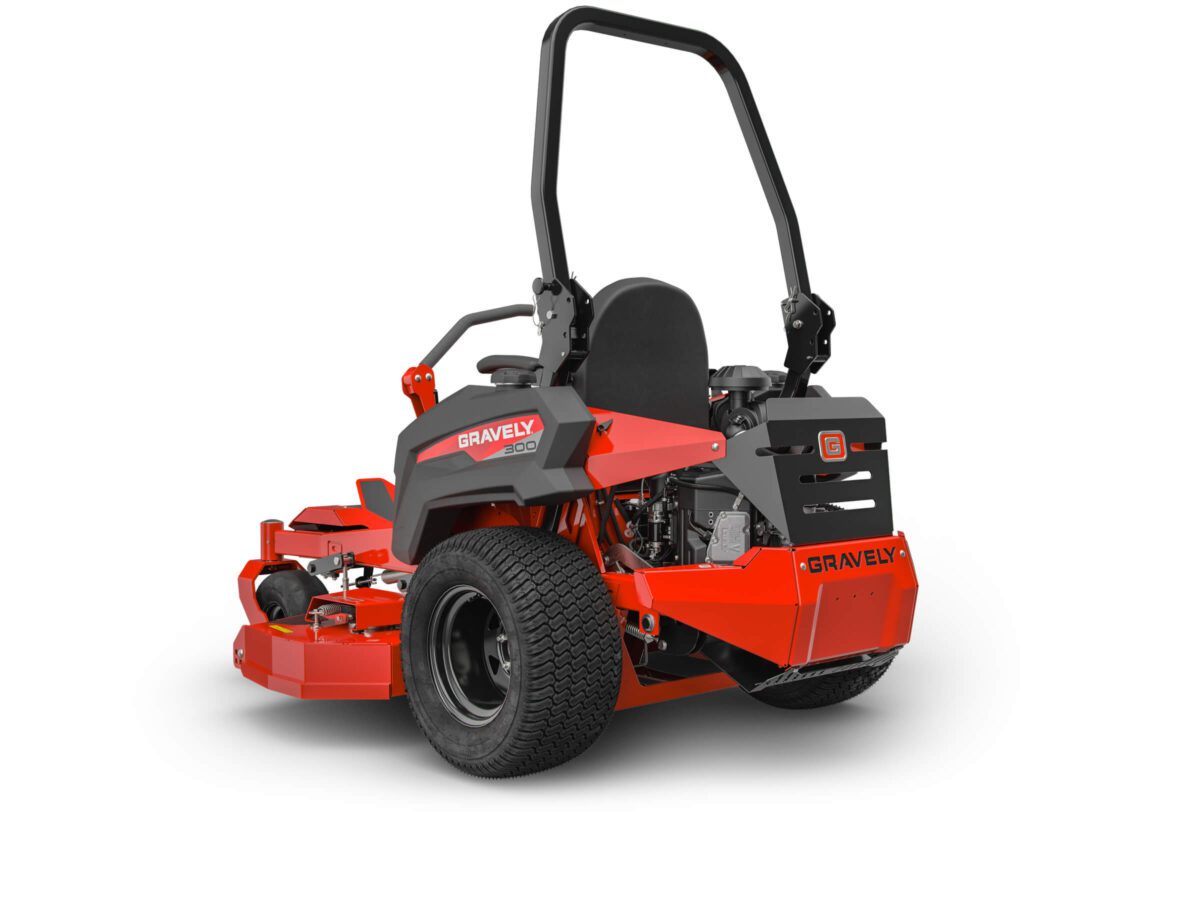 Red Gravely Pro-Turn 660 zero-turn lawn mower with a sturdy design, rear roll bar, and wide tires, viewed from the back and side.