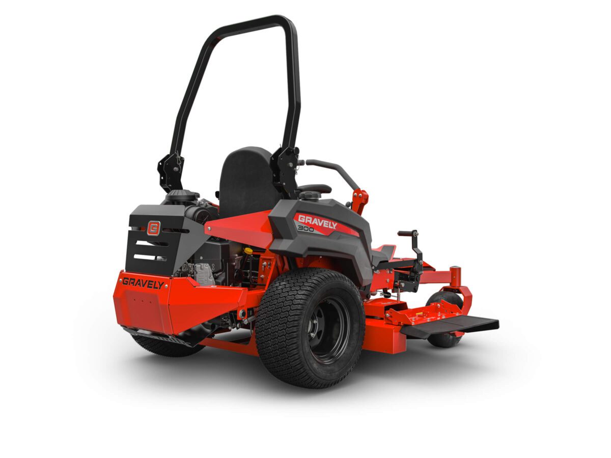 A red and black Gravely zero-turn lawn mower with a roll-over protection system. The mower has large rear tires and a cutting deck extending out on the right side.