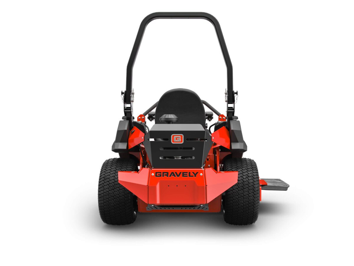 Rear view of an orange Gravely lawn mower with large tires and a roll bar, featuring a black seat and deck.