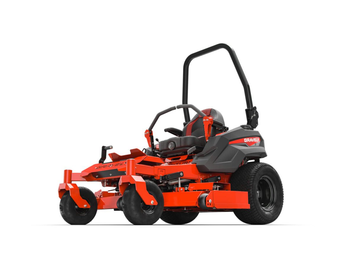 Red zero-turn lawnmower with a roll bar and black seat, featuring large front and rear wheels, viewed from the front-left angle.