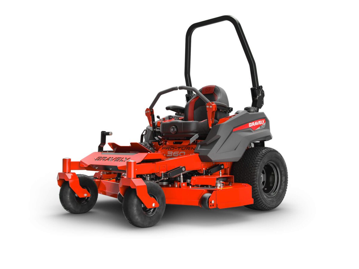 A bright orange riding lawn mower with "Gravely" branding, featuring a roll bar, large rear tires, and a seat with armrests.