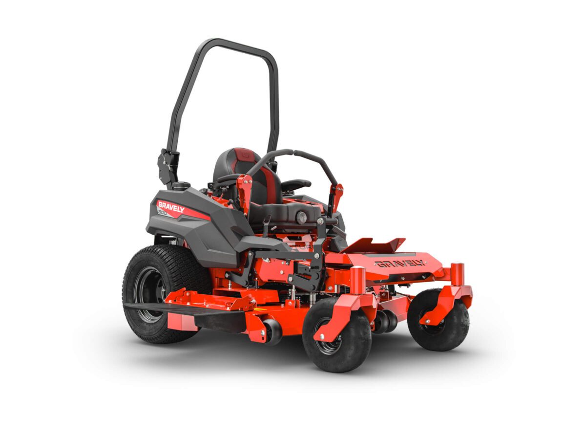 Red zero-turn lawn mower with a black seat and handles, four wheels, and a roll-over protection system bar at the back.