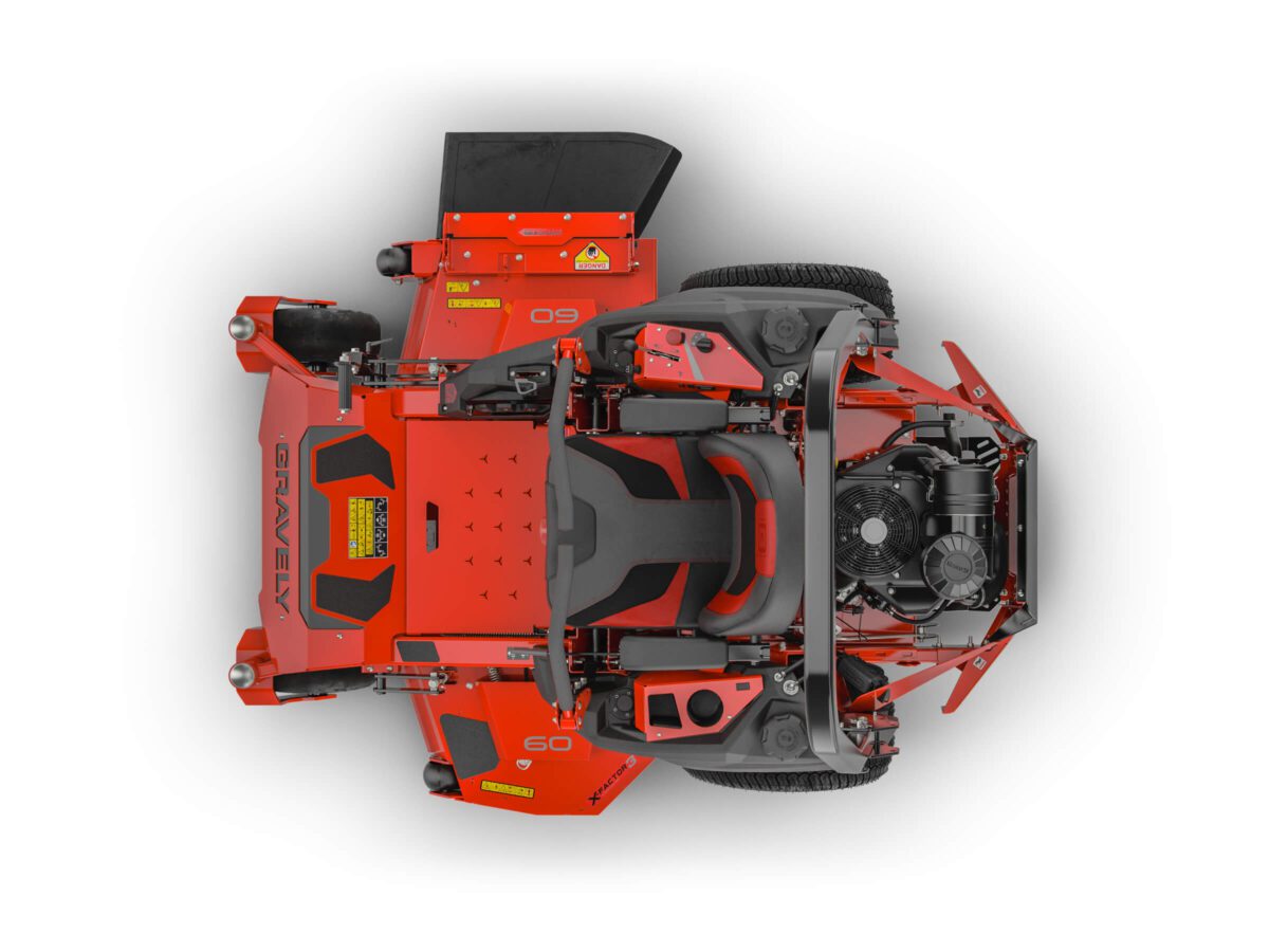 Top view of a red Gravely zero-turn lawn mower showing its seat, steering controls, and dual rear wheels.