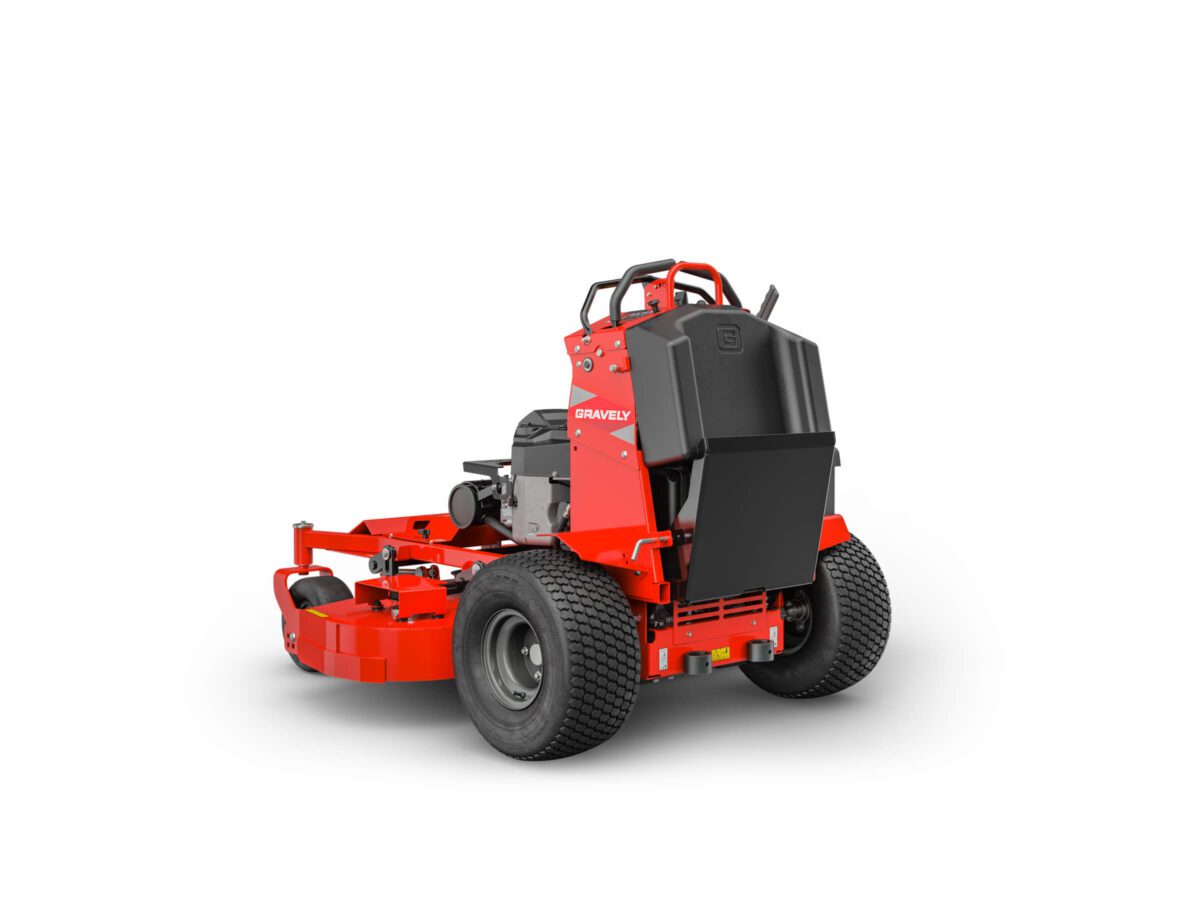 Red and black lawn mower with four wheels, rear protective cover, and visible engine. Suitable for professional landscaping.