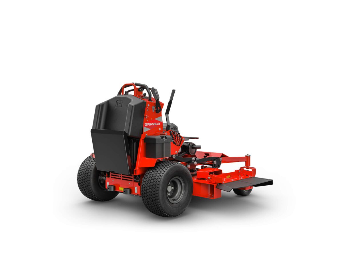 Red commercial lawn mower with a black seat and large rear wheels, viewed from a rear angle against a white background.