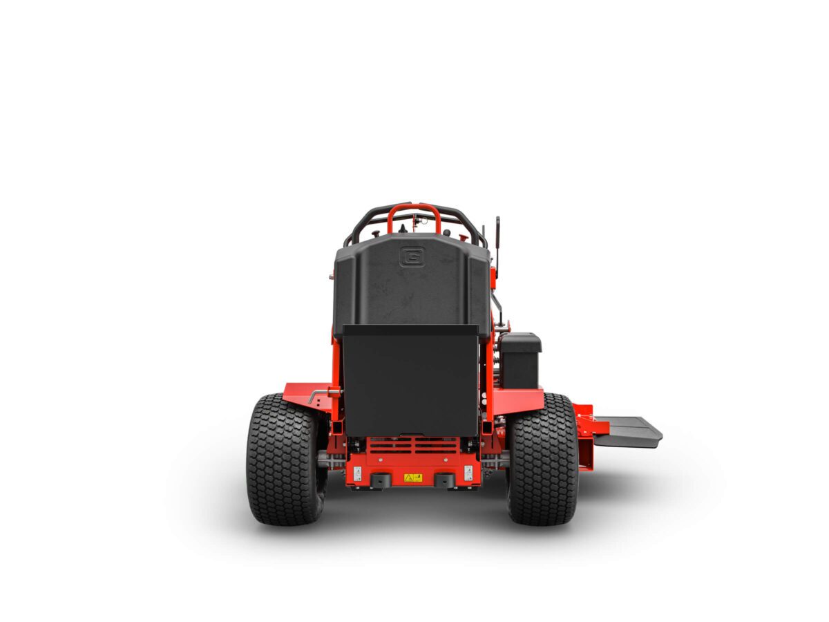 Rear view of a red and black ride-on lawnmower with four large tires on a white background.