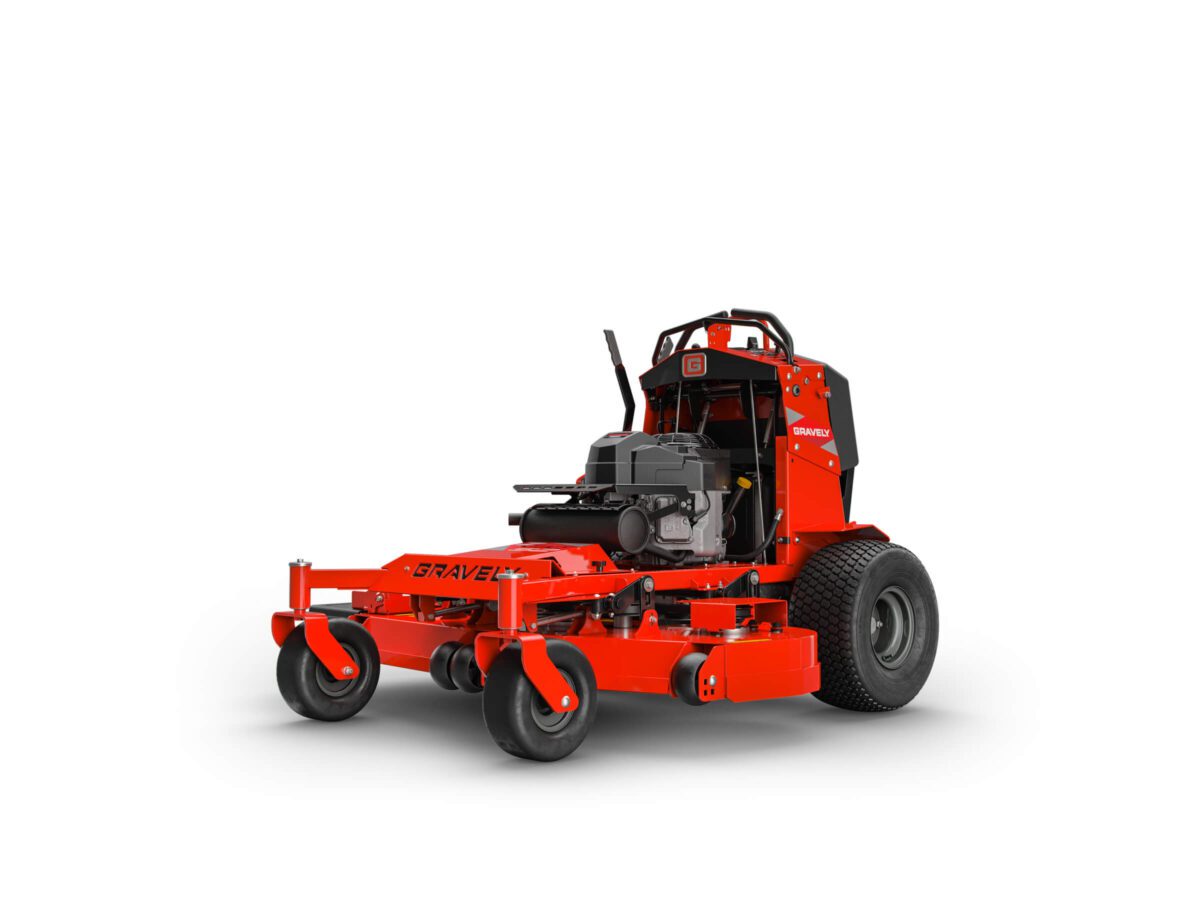 Red commercial ride-on lawn mower with a black seat, large rear wheels, and a front deck with caster wheels.