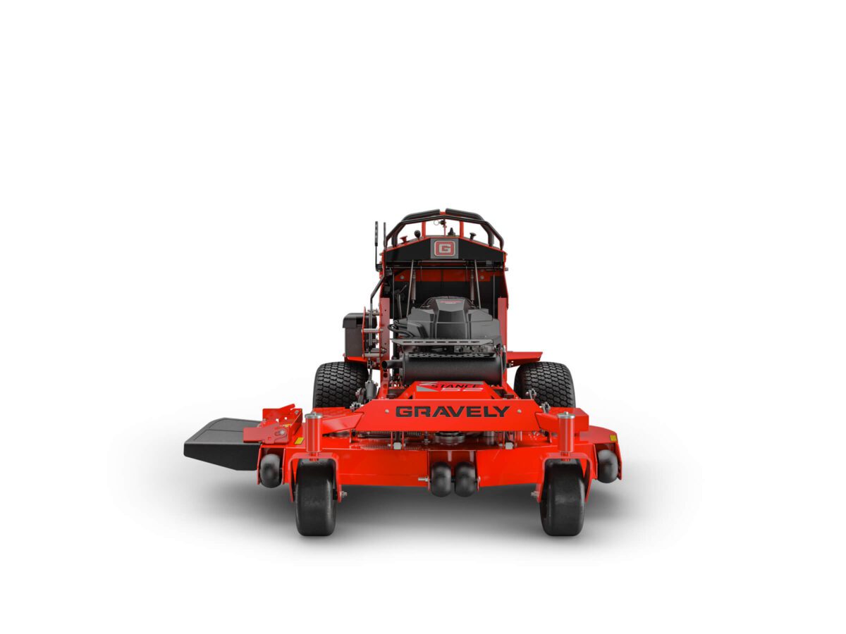 Front view of a red Gravely zero-turn lawn mower on a white background, displaying its wide cutting deck and steering controls.