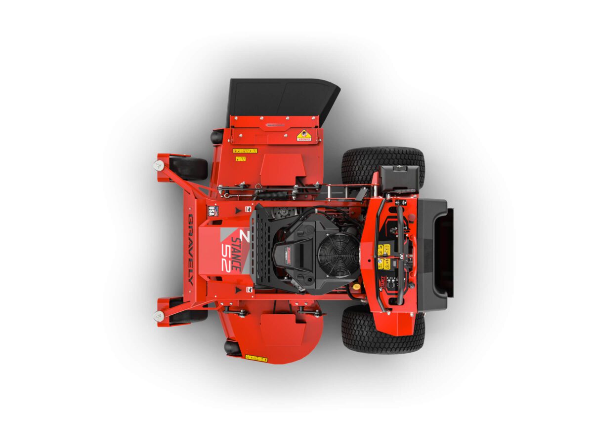 Top view of a red zero-turn mower with visible engine, seat, and control panel, designed for efficient lawn care.