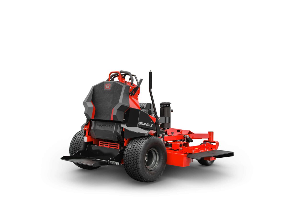 A red and black commercial lawn mower with large rear tires and a seat, viewed from the back on a white background.