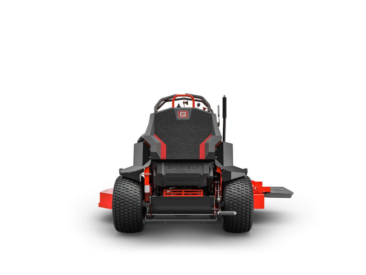 Front view of a Gravely zero-turn lawn mower with a black and red design, featuring large rear wheels and a steering wheel.
