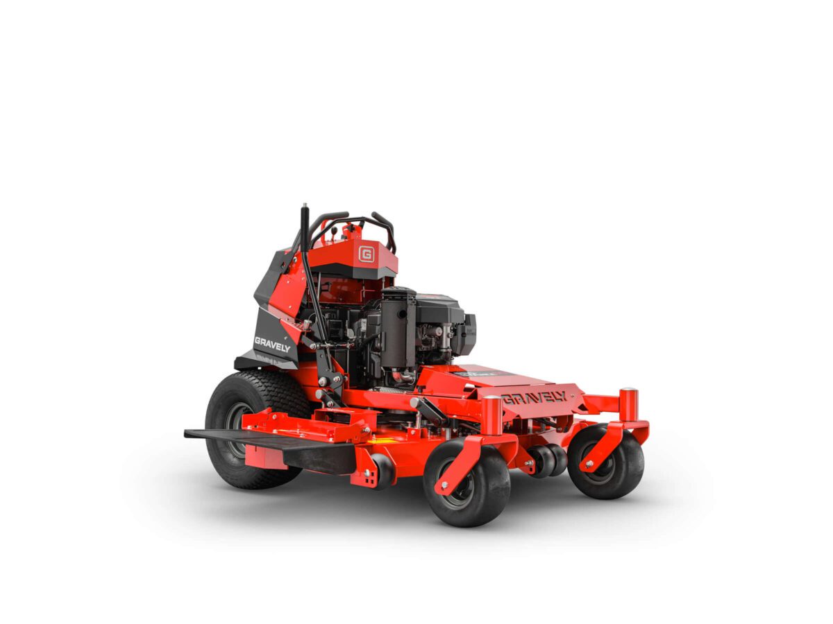 Red commercial lawn mower with a black engine and wheels, featuring adjustable handles and grass-cutting deck.