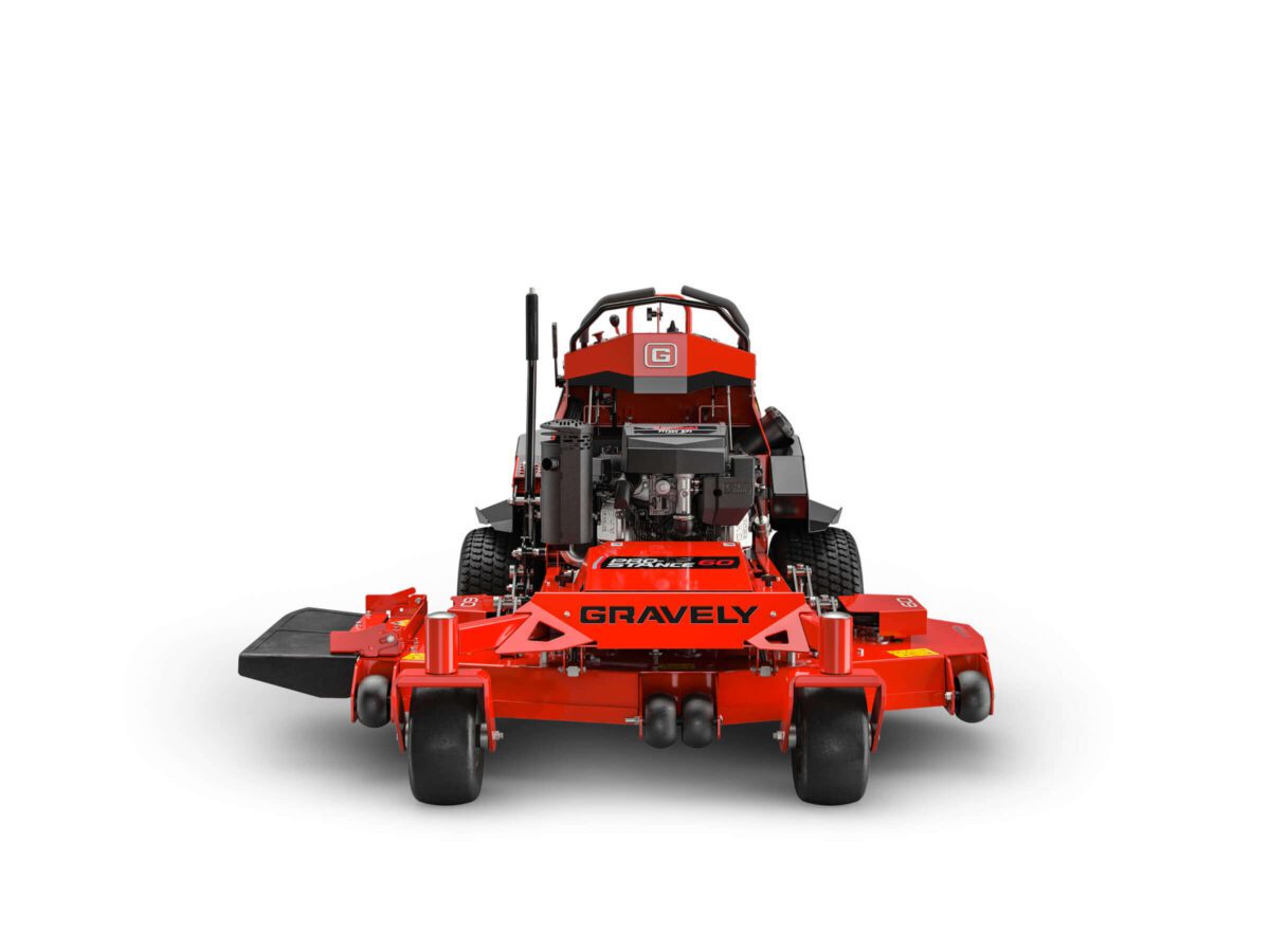 Red Gravely commercial lawn mower viewed from the front, featuring a wide cutting deck and visible brand logo.