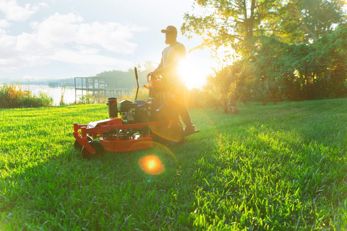 Person mowing a lawn with a red lawnmower in a sunny, lush garden near a lake. Sunlight creates a lens flare effect.