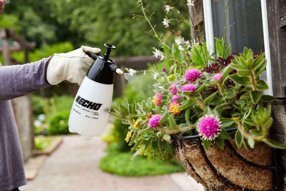 Person wearing gloves sprays plants in a hanging basket with a handheld garden sprayer outdoors.