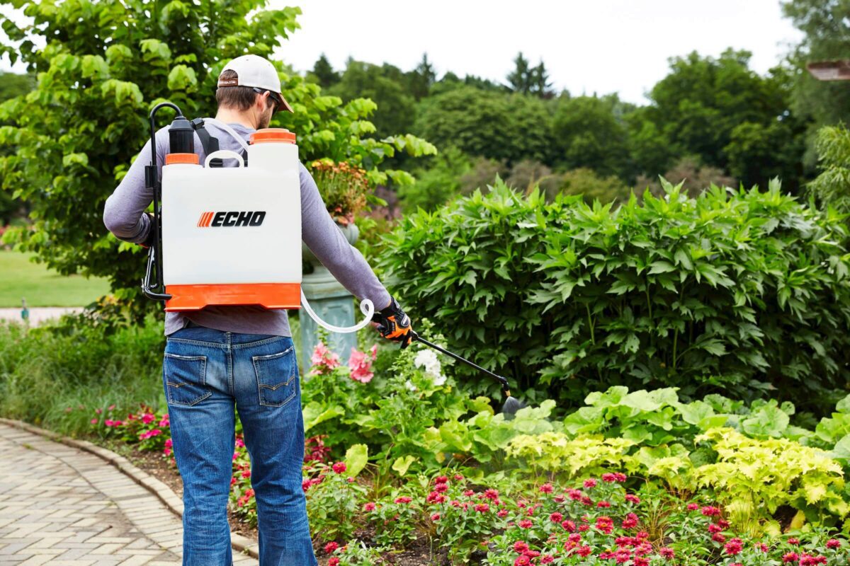 Person wearing a cap and a backpack sprayer, using a nozzle to spray plants along a paved path in a garden.