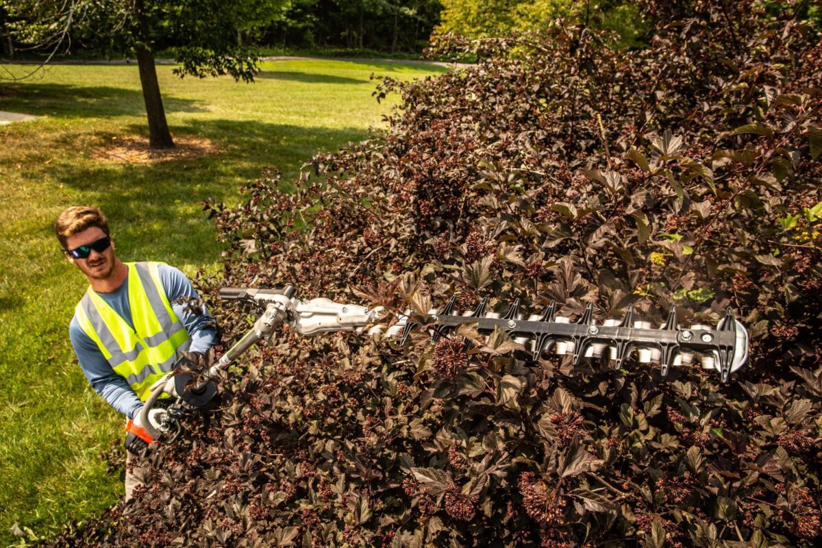 A worker in safety gear uses a large hedge trimmer to cut dense shrubs in a park setting.