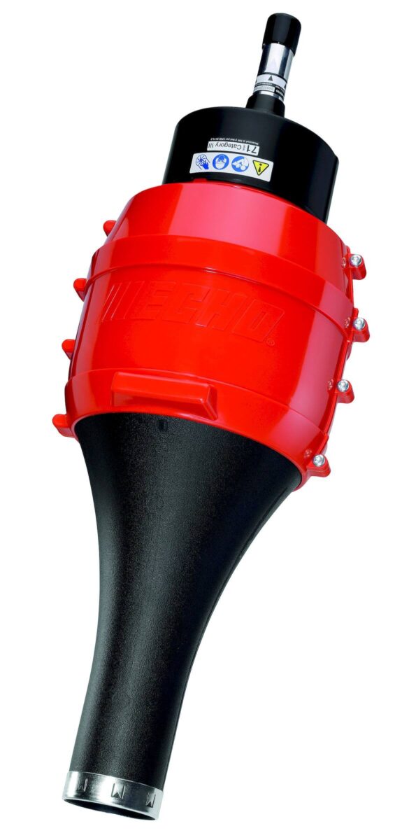 A red and black mechanical device with a tapered end and multiple fasteners, featuring labels and a connected cable.