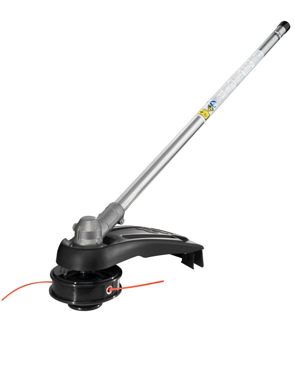 String trimmer head with a silver handle, black housing, and red trimming line.