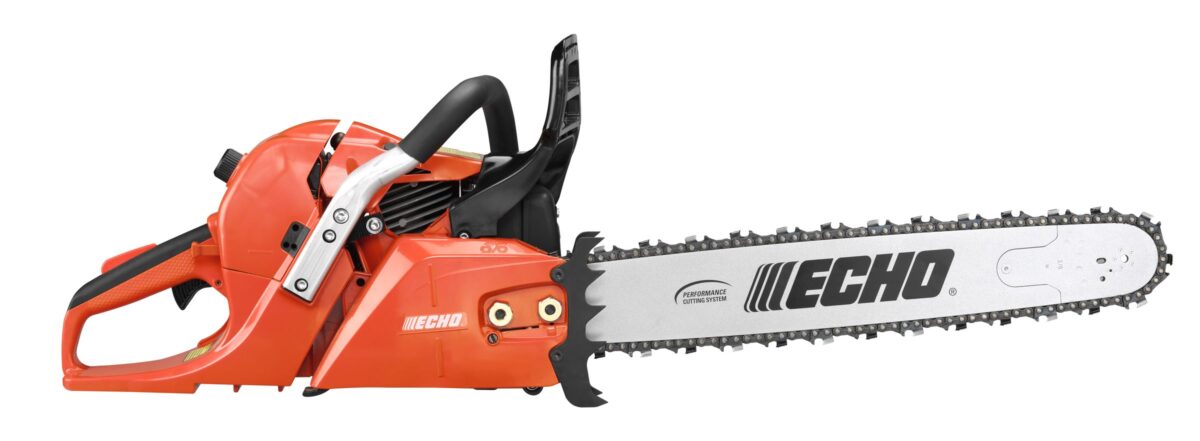 A side view of an orange Echo chainsaw with a silver blade and black handle, placed on a white background.