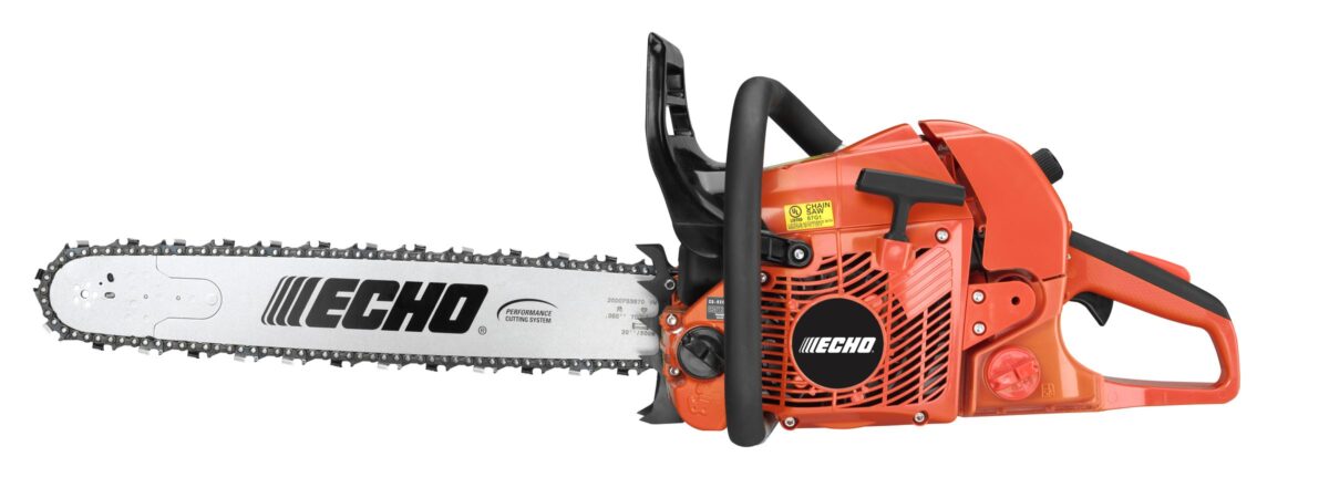 A red and black Echo chainsaw with a silver blade, displaying the brand name on the side and equipped with a safety label.