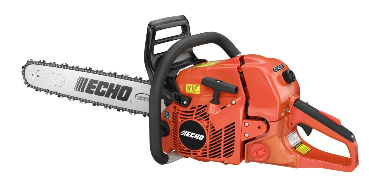 Orange Echo chainsaw with a black handle and silver blade, displaying brand logo.