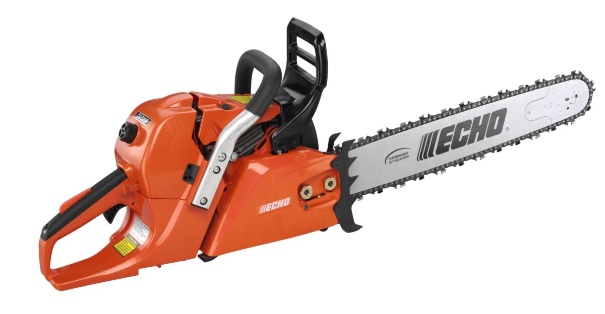 An orange ECHO chainsaw with a silver blade and black handle positioned on a white background.