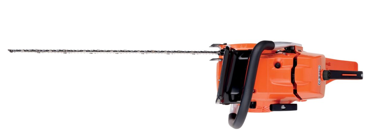 Orange chainsaw with a long blade, black handle, and visible controls, positioned horizontally against a white background.