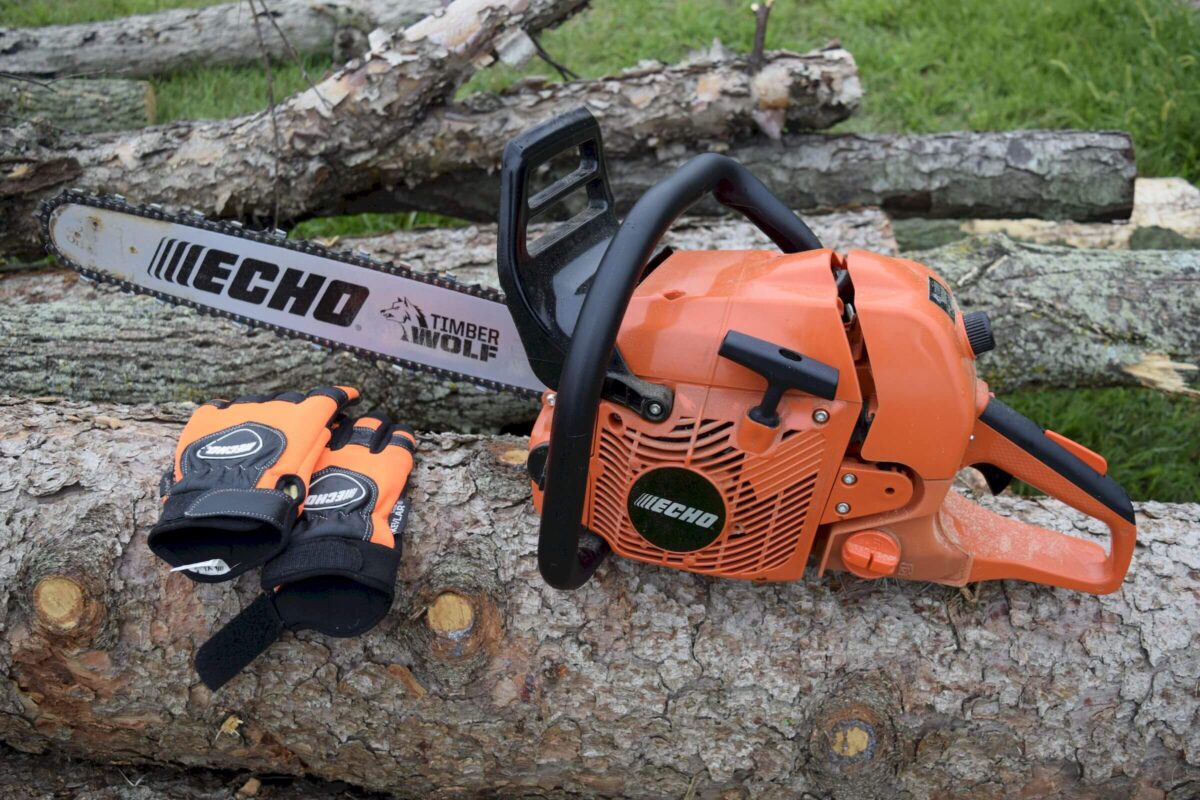 Orange Echo chainsaw and work gloves resting on cut logs, with green grass in the background.