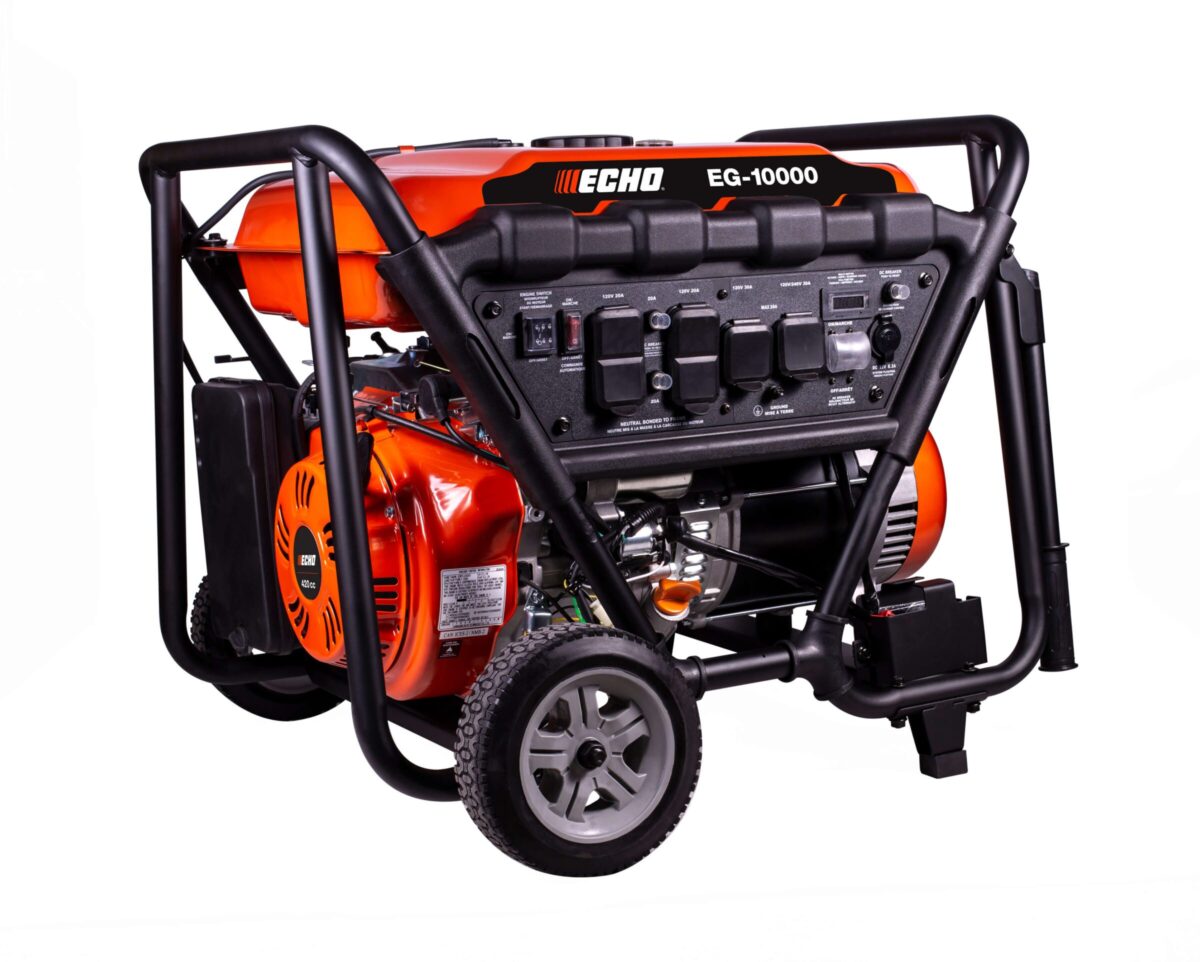 An orange and black portable generator with a metal frame, labeled "EG-10000", featuring control panel, wheels, and a pull-start mechanism.