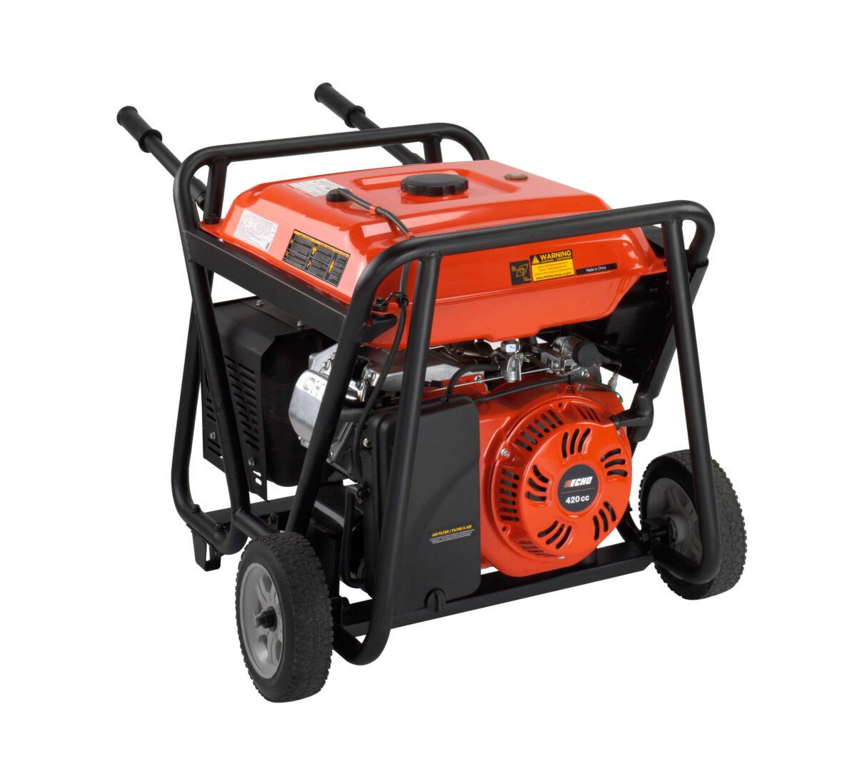 A portable gas-powered generator with an orange and black casing, supported by a metal frame and two wheels, with handles for easy transport.