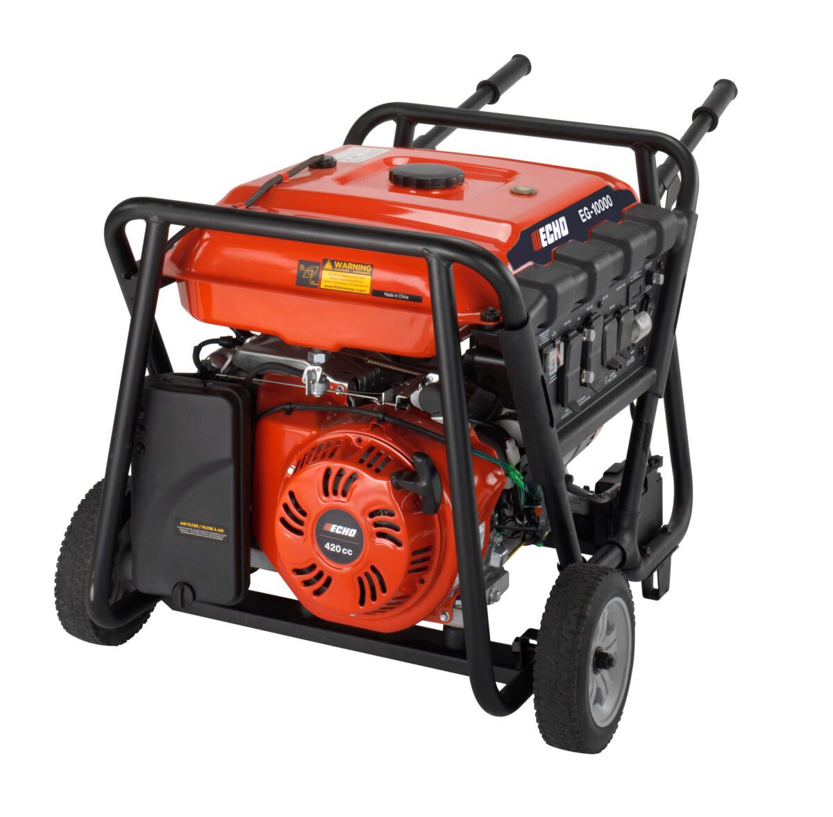 Red and black portable generator with wheels and handles, designed for easy transport and power supply.