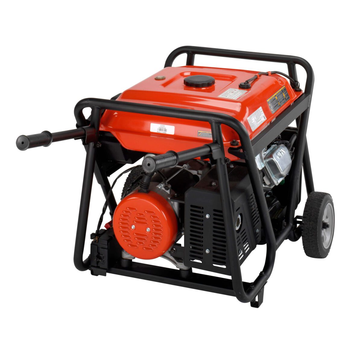 Red portable generator with a black frame, two wheels, and handle grips, designed for easy transport and outdoor electricity supply.