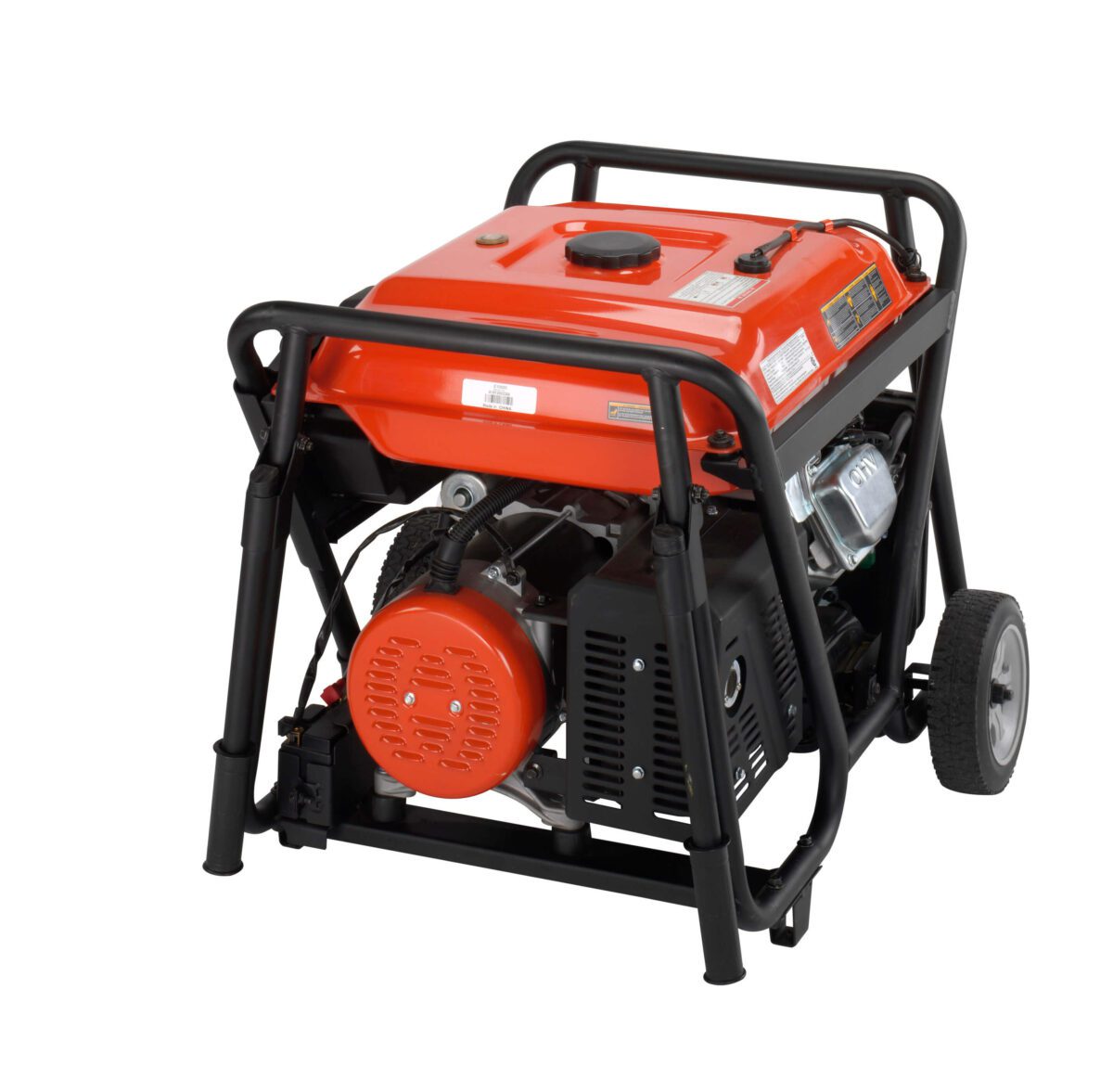 A portable gas-powered generator with a red top, black frame, and rear wheels for mobility.