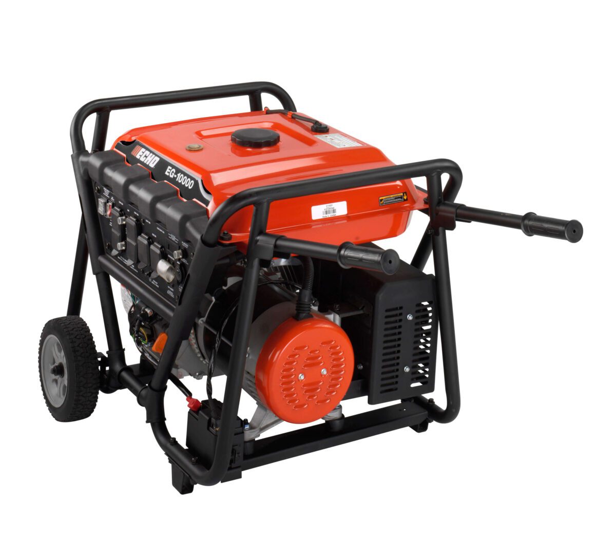 A portable generator with a red top, black frame, wheels, and handles for transport.